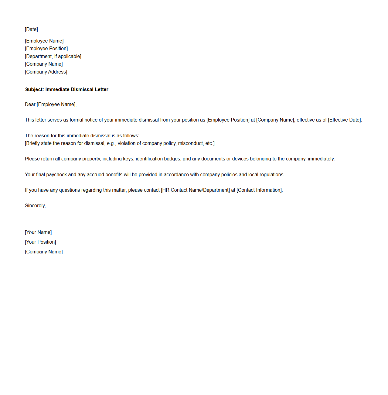 Immediate Dismissal Letter Template
