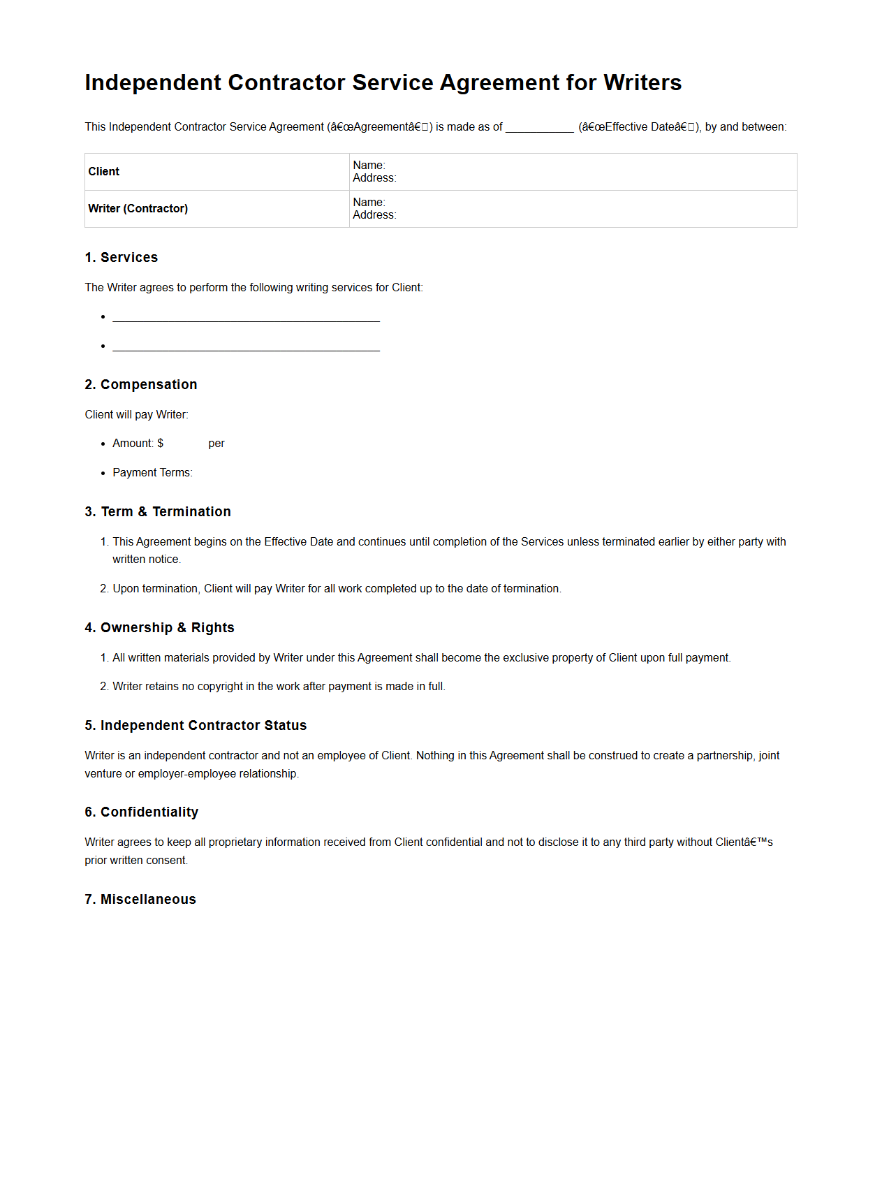 Independent Contractor Service Agreement for Writers