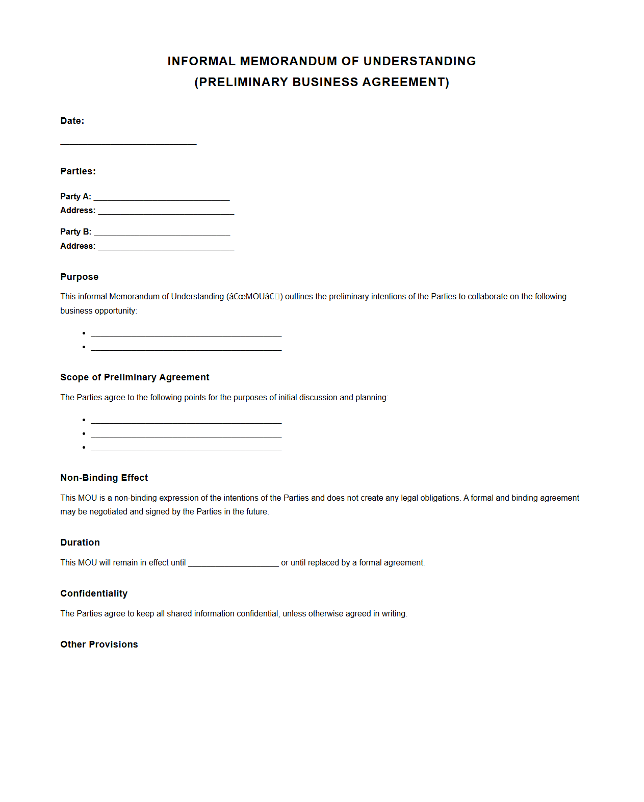 Informal MOU Layout for Preliminary Business Agreements