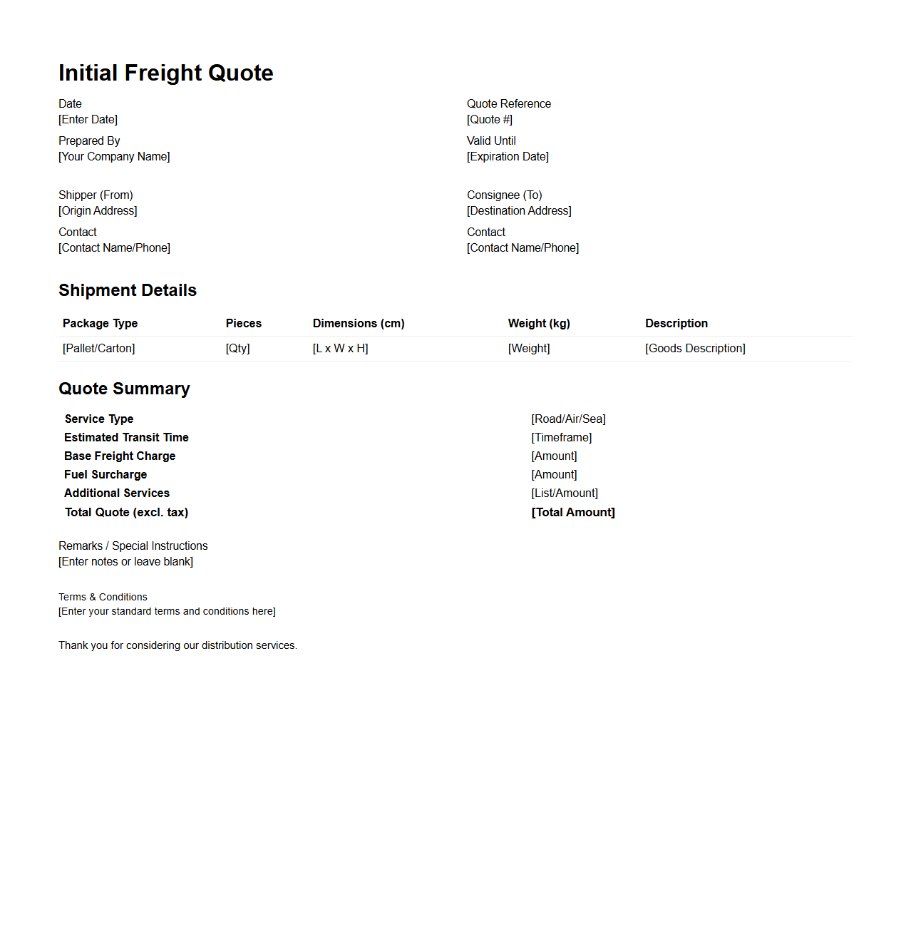 Initial Freight Quote Layout for Distribution Services
