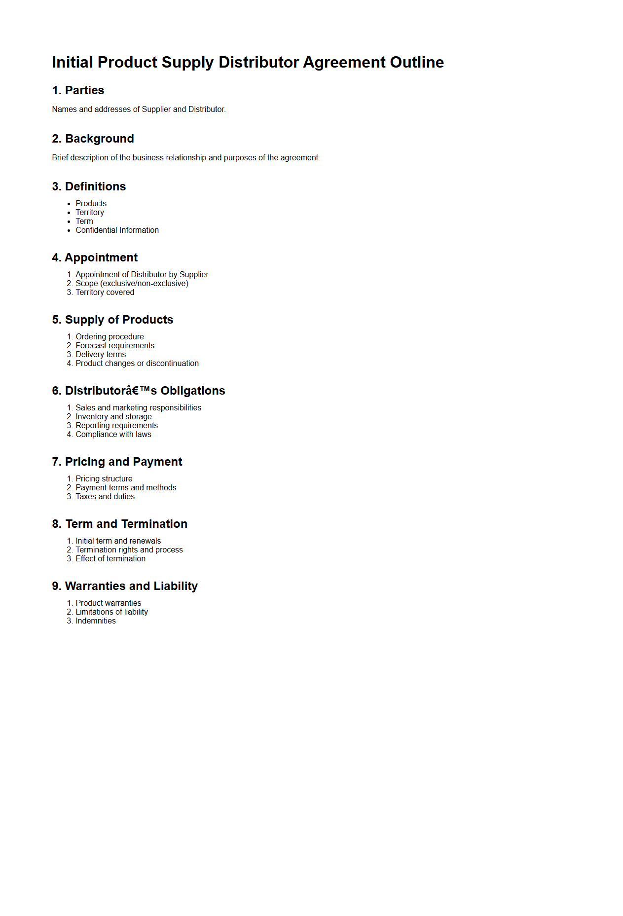 Initial Product Supply Distributor Agreement Outline