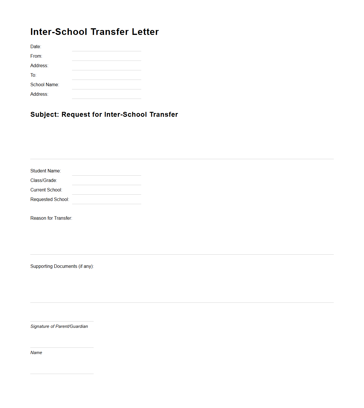 Inter-School Transfer Letter Format Template