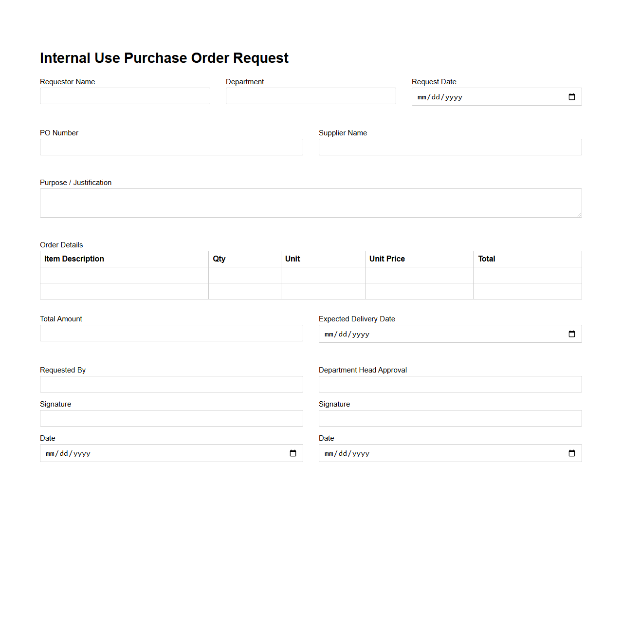 Internal Use Purchase Order Request Format