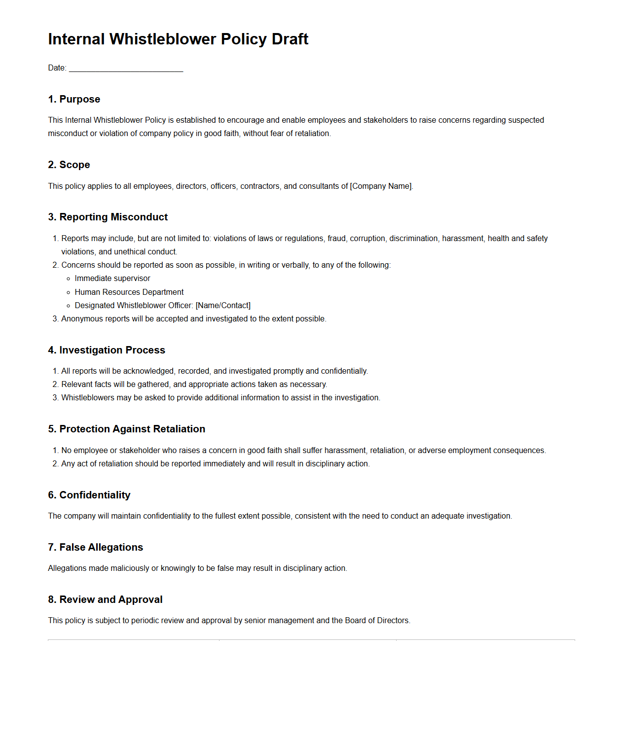 Internal Whistleblower Policy Draft for Companies