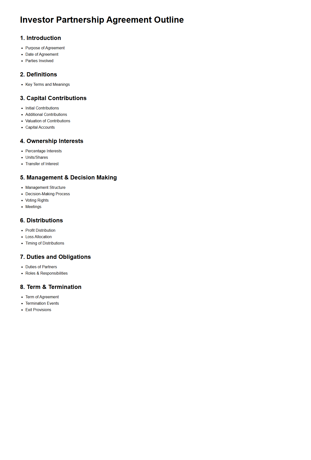 Investor Partnership Agreement Outline
