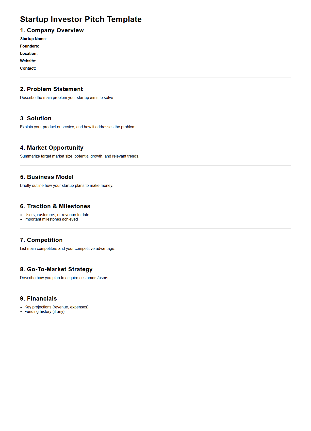 Investor Pitch Document Template for Startups