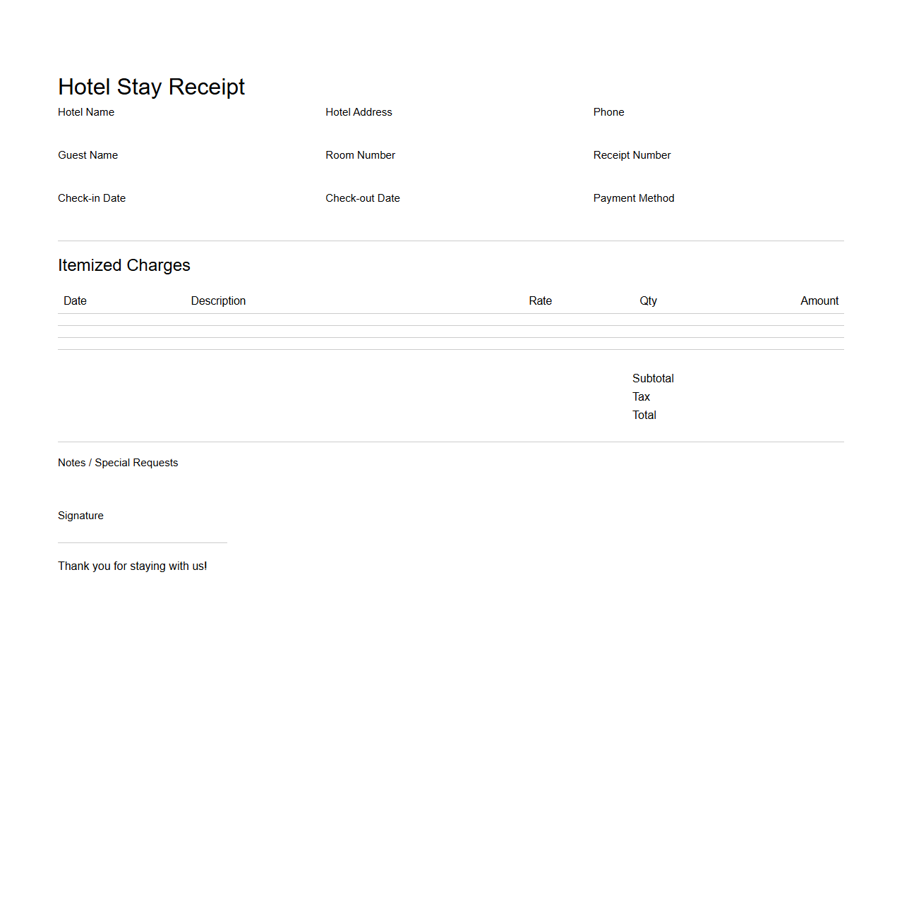 Itemized Hotel Stay Receipt Template