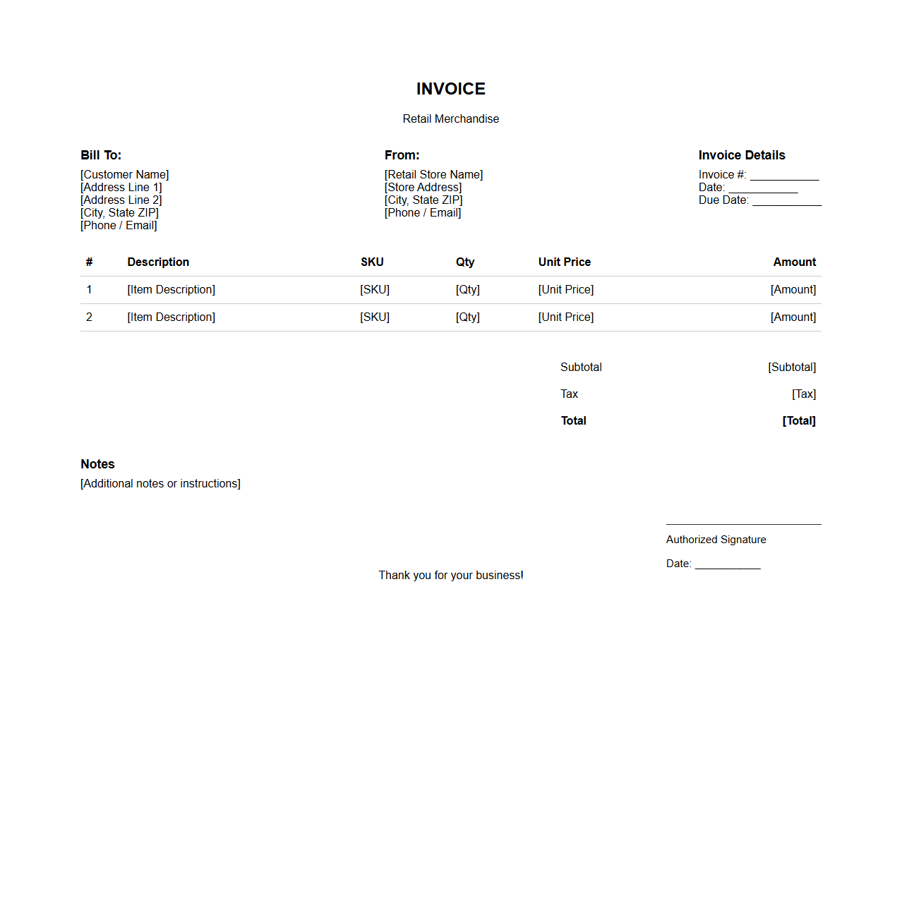 Itemized Retail Merchandise Invoice Template