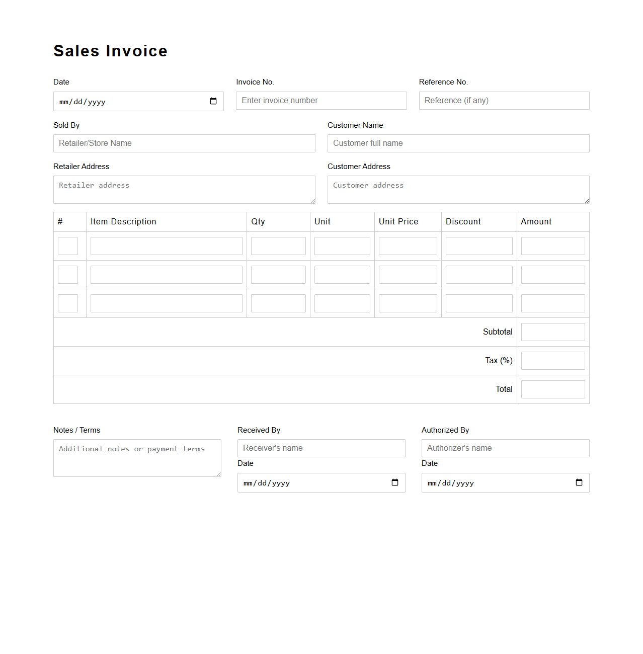 Itemized Sales Invoice Form for Local Retailers