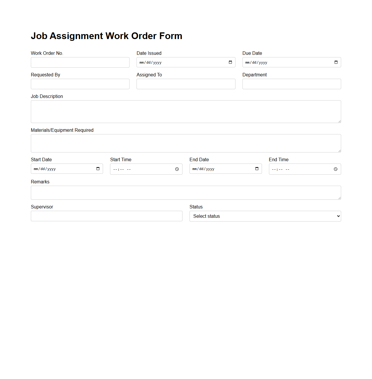 Job Assignment Work Order Form Sample