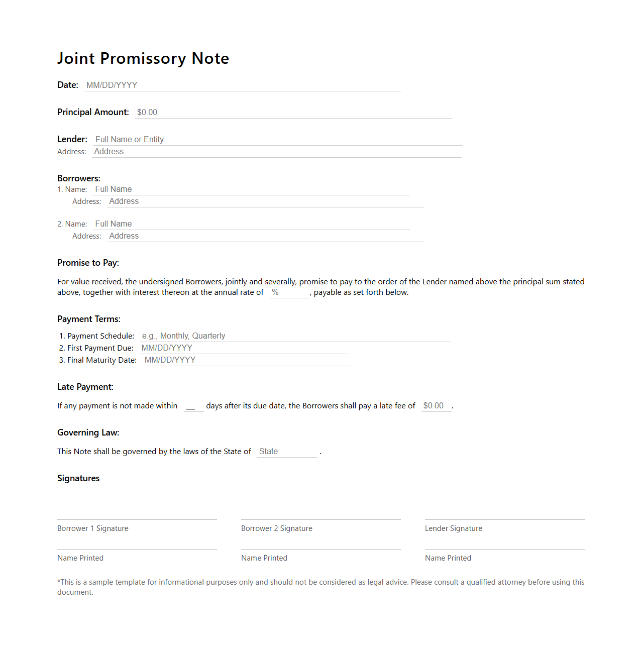 Joint Promissory Note Document for Multiple Borrowers