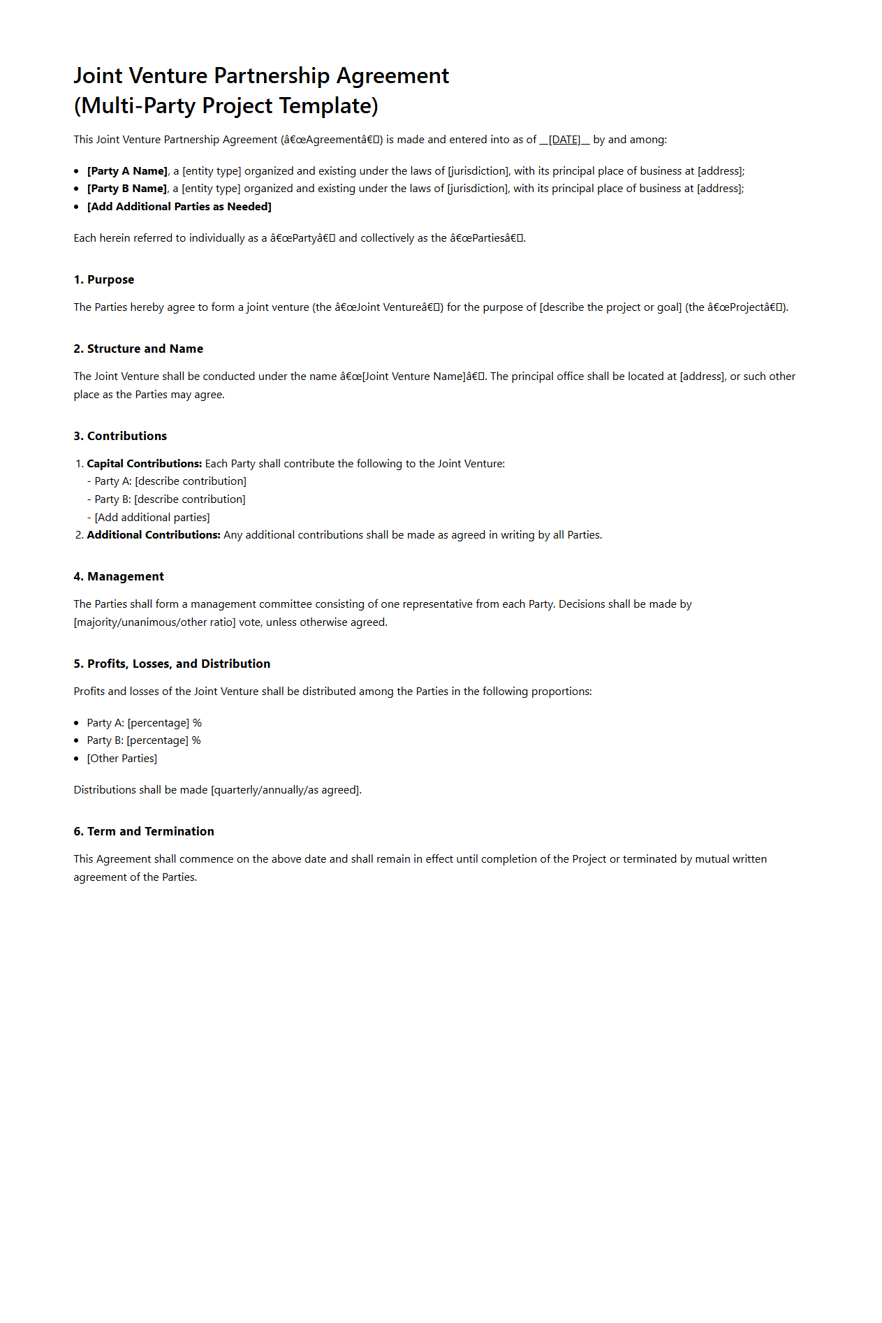 Joint Venture Partnership Template for Multi-Party Projects