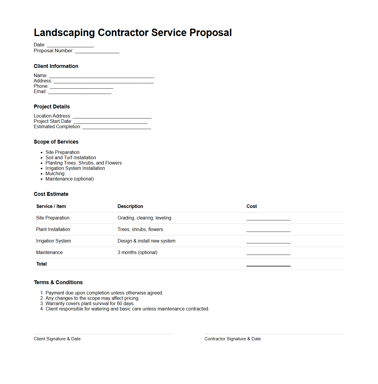 Landscaping Contractor Service Proposal Layout