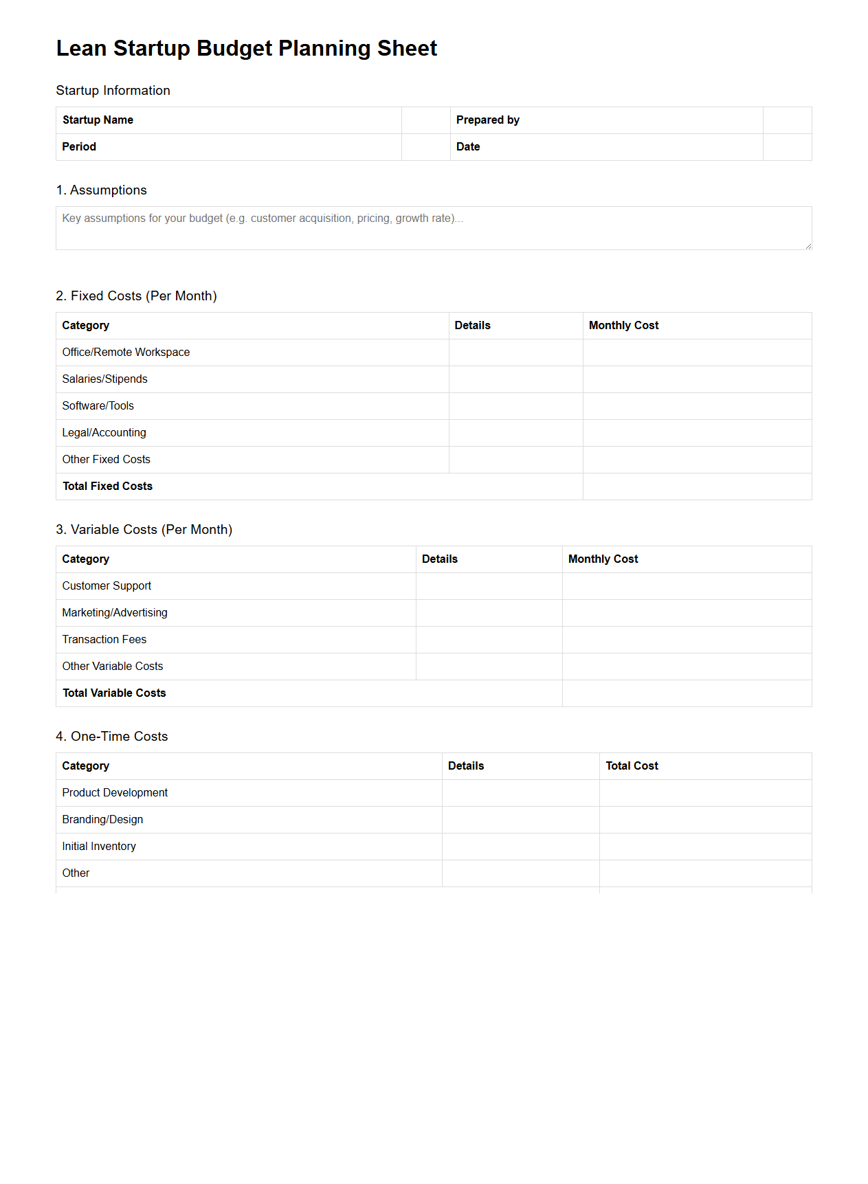 Lean Startup Budget Planning Sheet