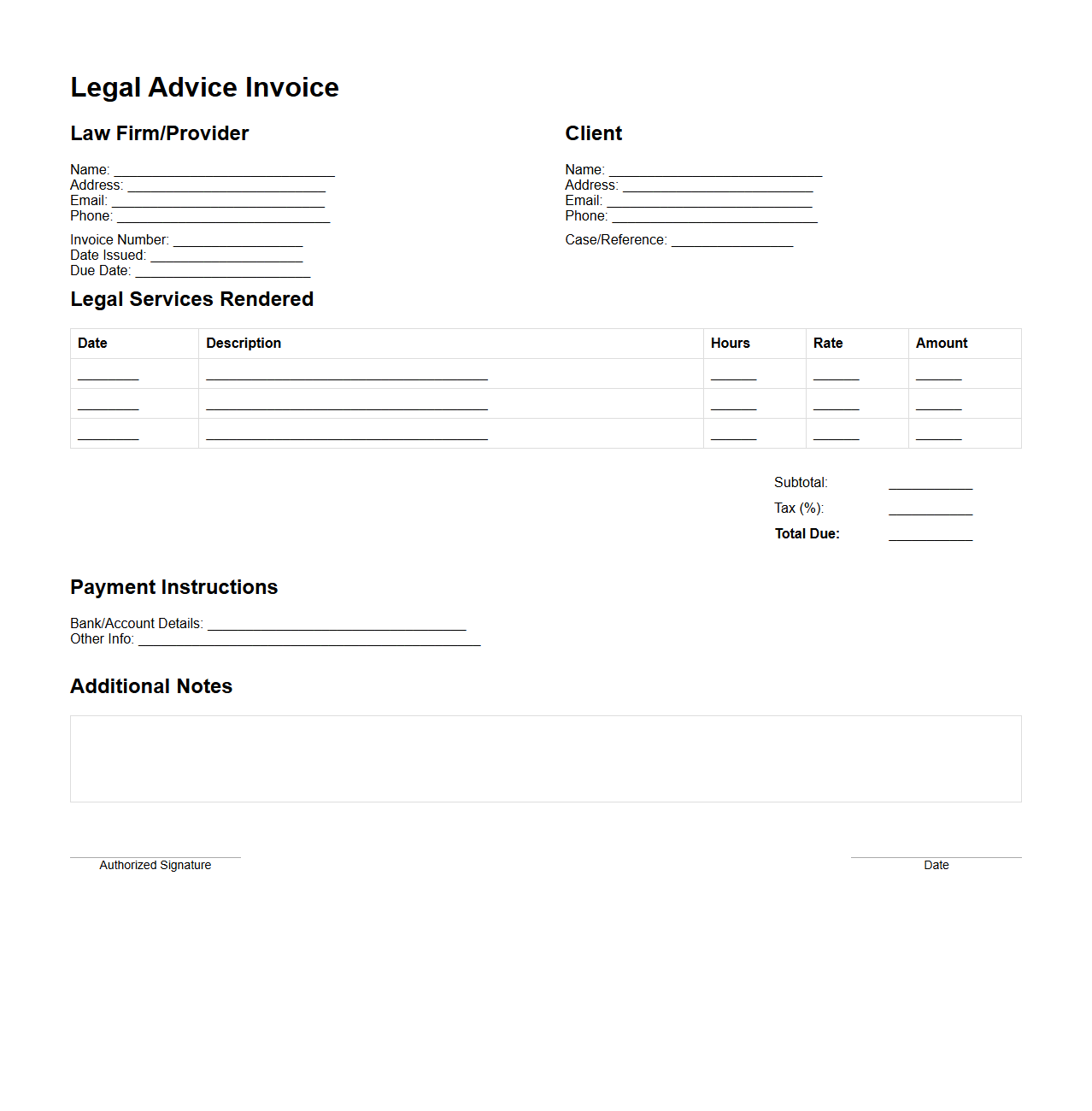 Legal Advice Invoice Blank Structure