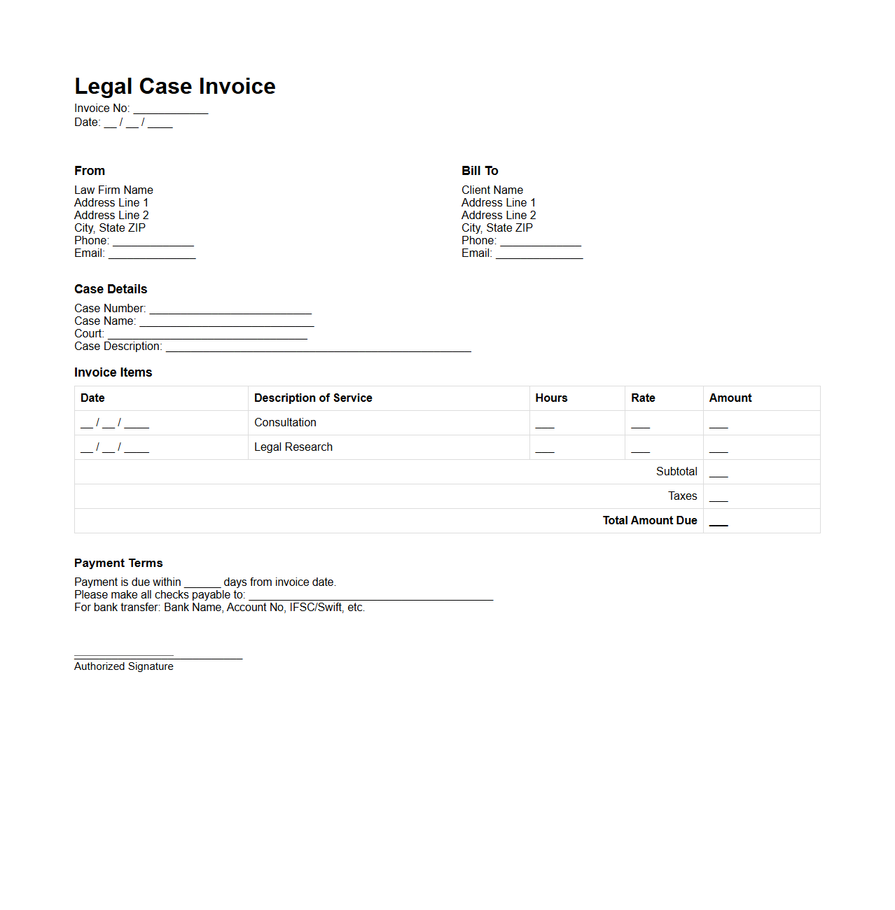 Legal Case Invoice Format