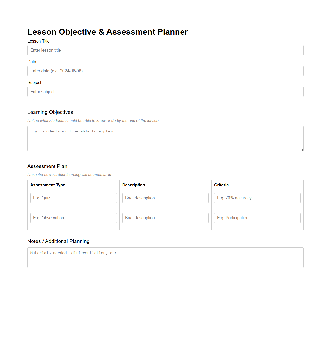 Lesson Objective and Assessment Planner