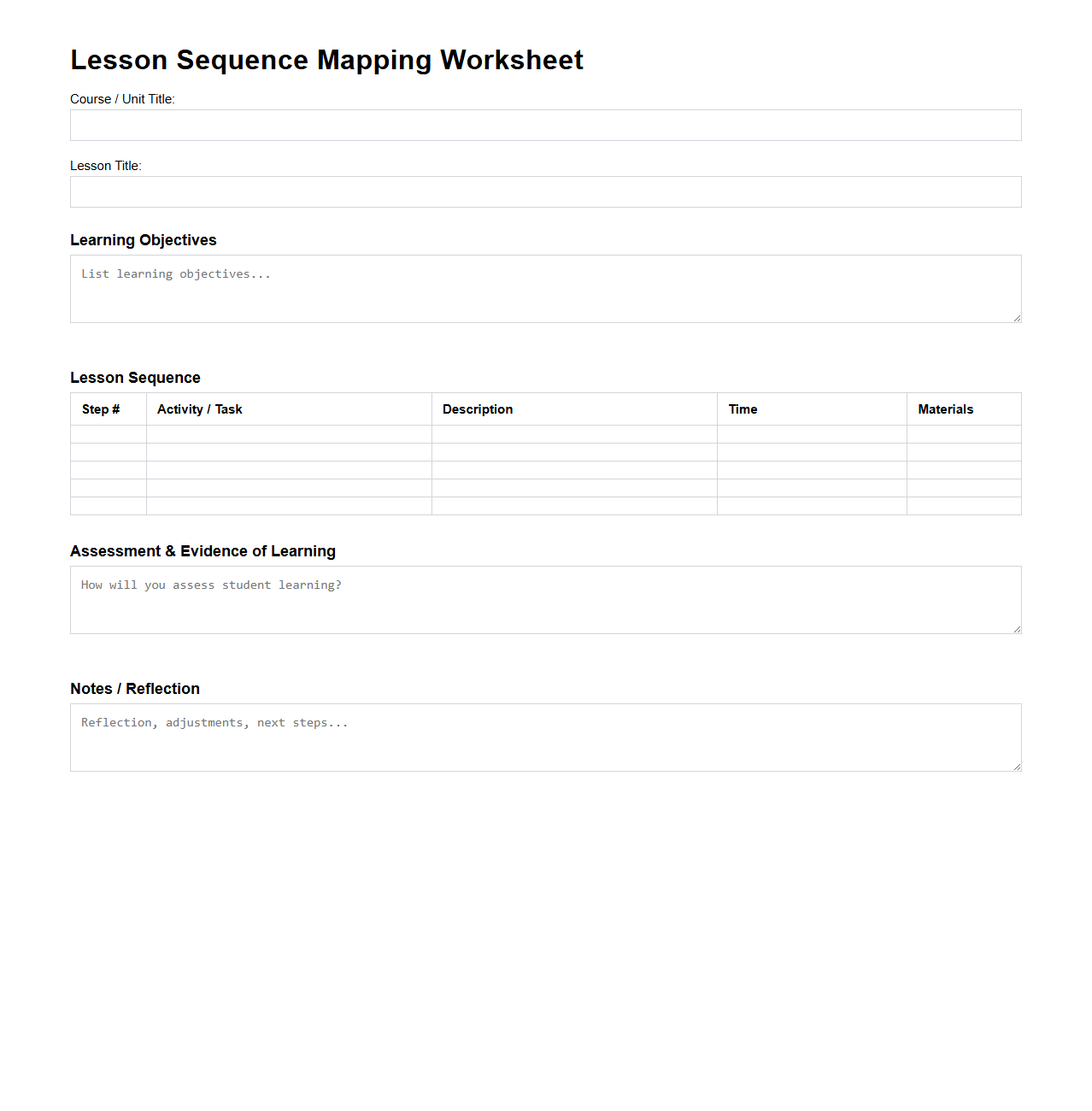 Lesson Sequence Mapping Worksheet