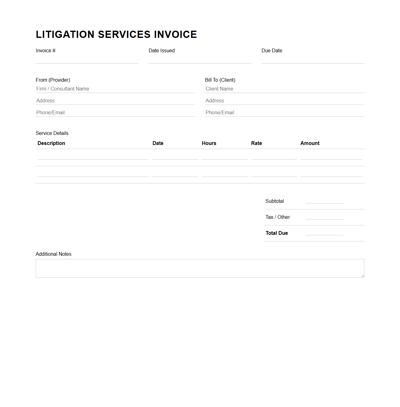 Litigation Services Invoice Blank Template