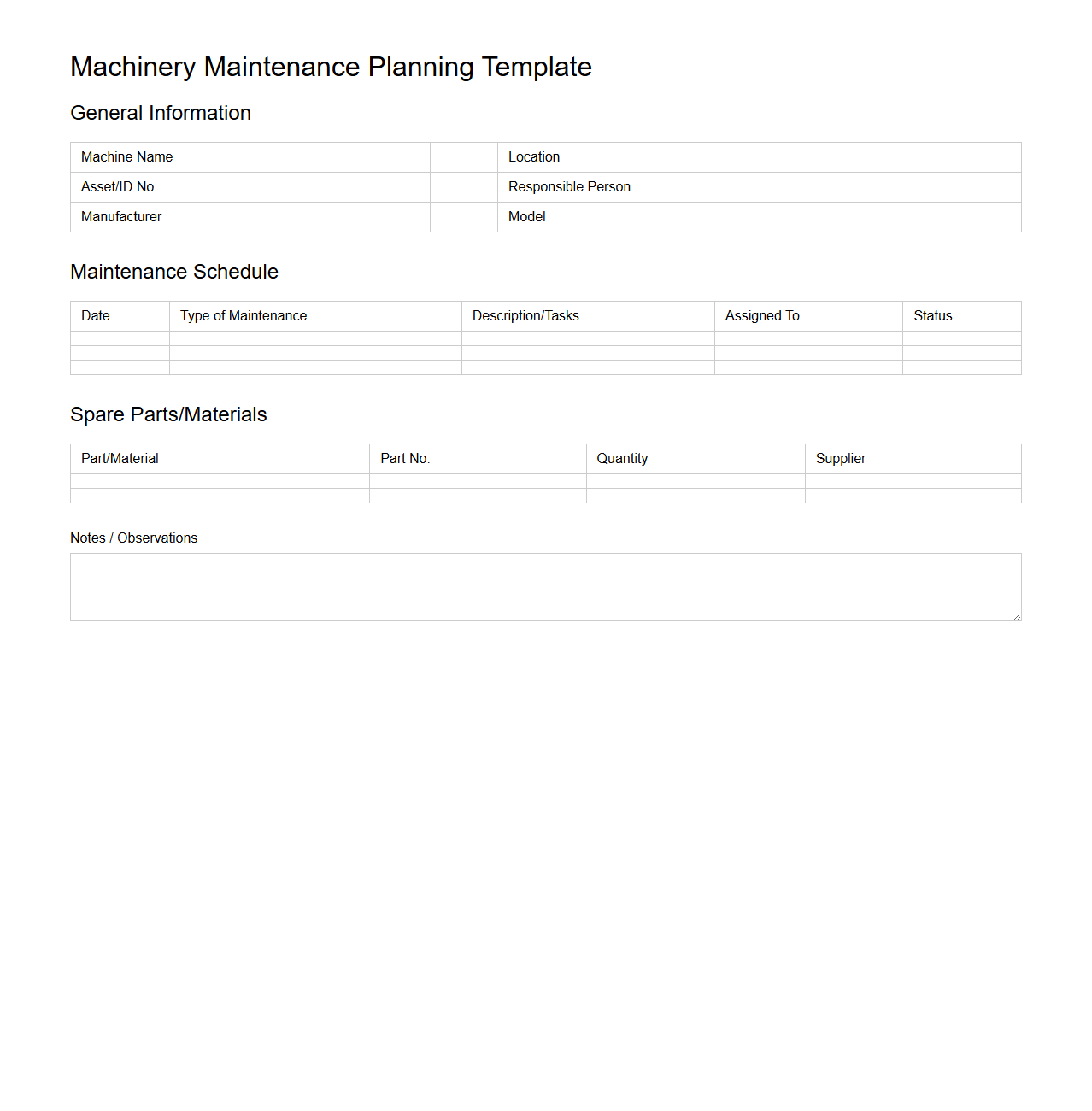 Machinery Maintenance Planning Template