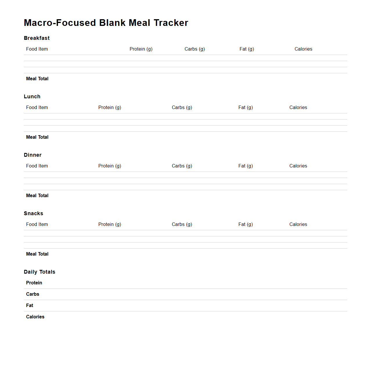 Macro-Focused Blank Meal Tracker