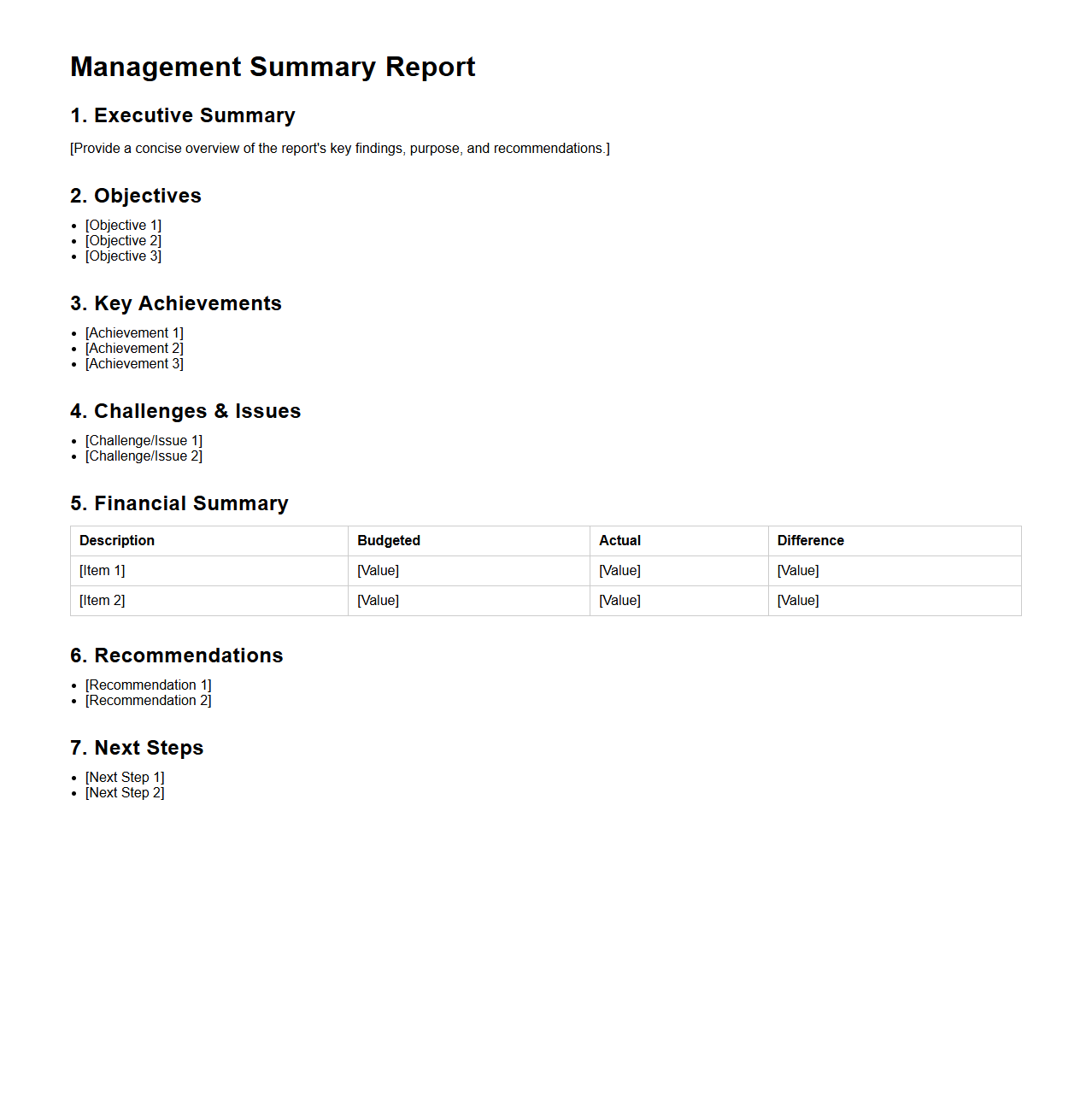 Management Summary Report Format