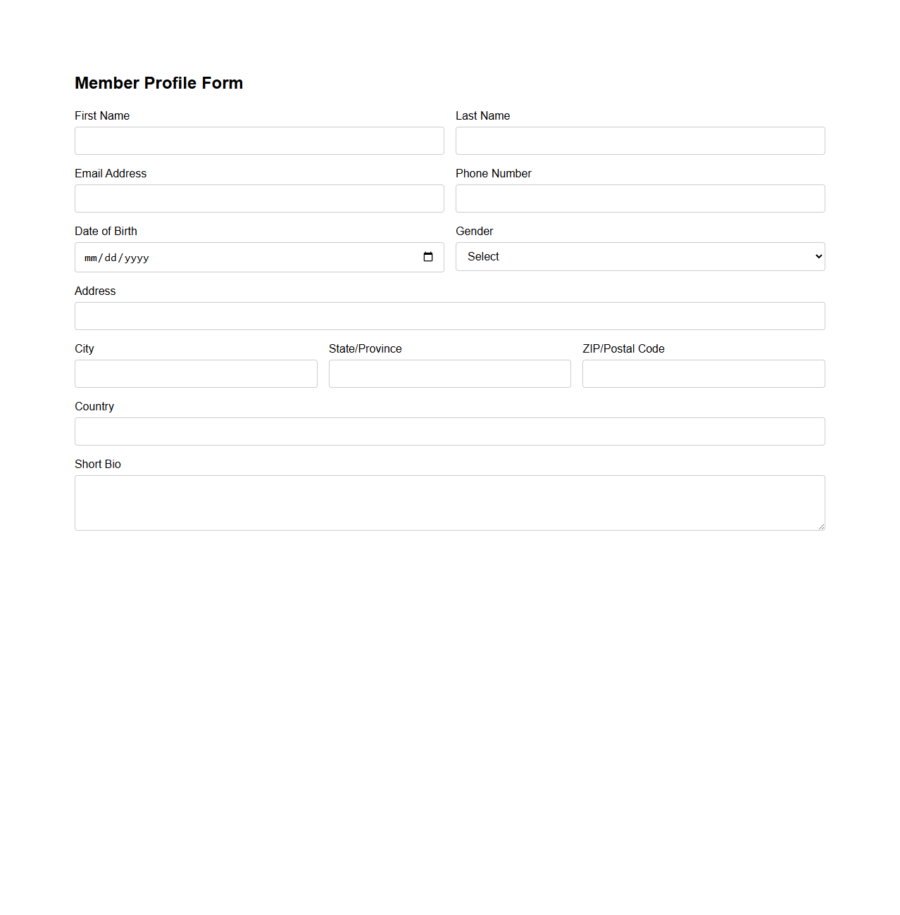 Member Profile Form Template