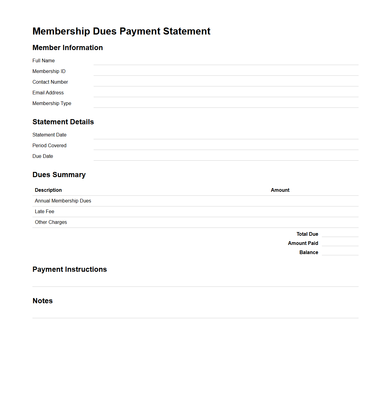 Membership Dues Payment Statement Outline
