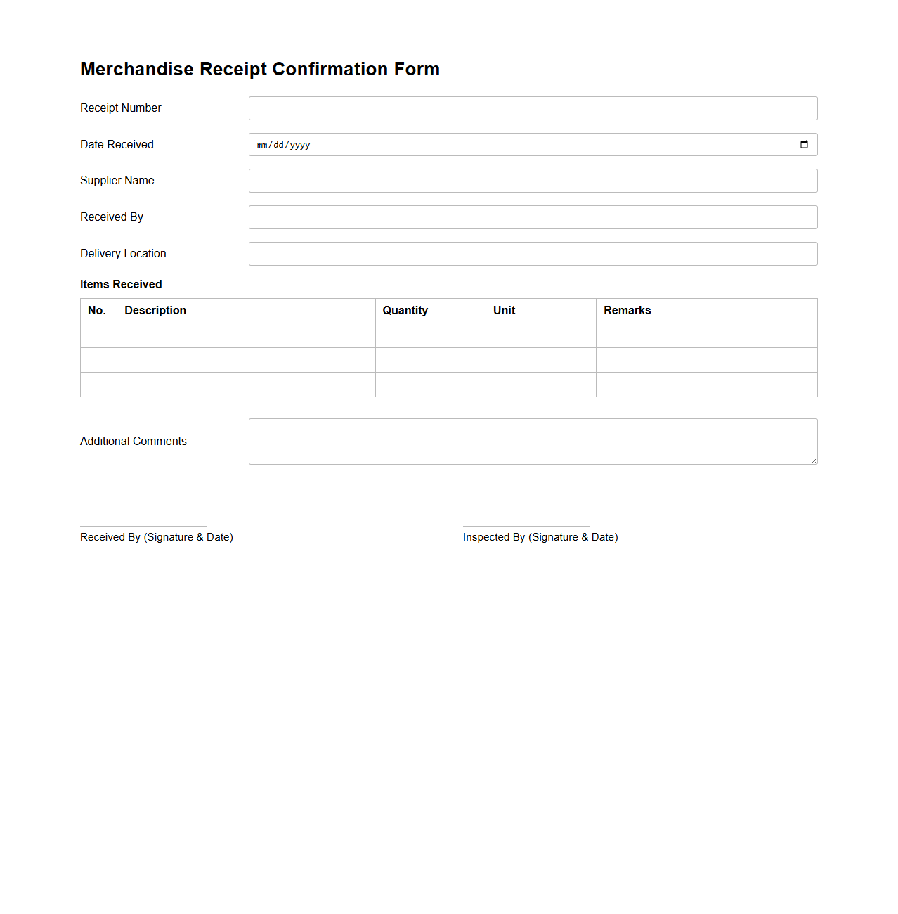 Merchandise Receipt Confirmation Form