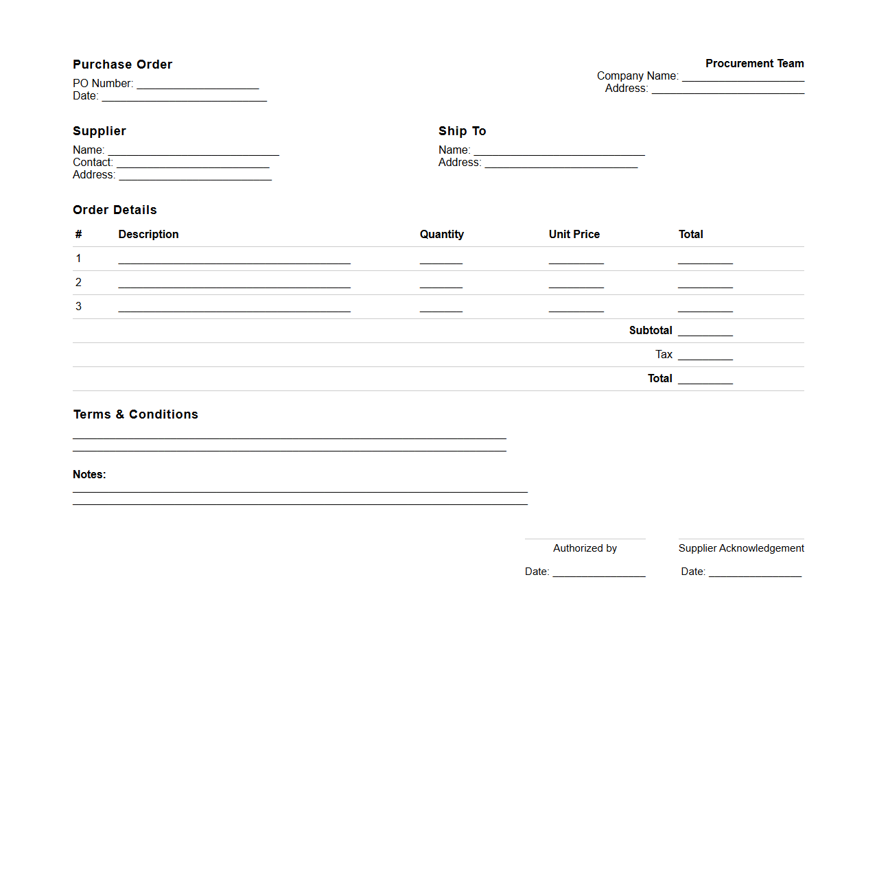 Minimal Purchase Order Document for Procurement Teams