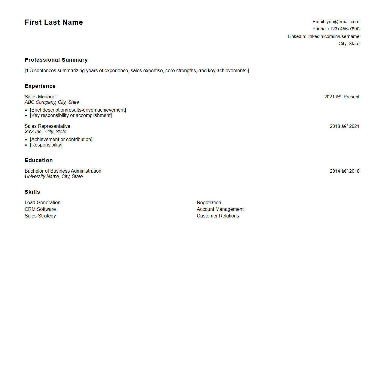 Minimalist Blank Sales Resume Format