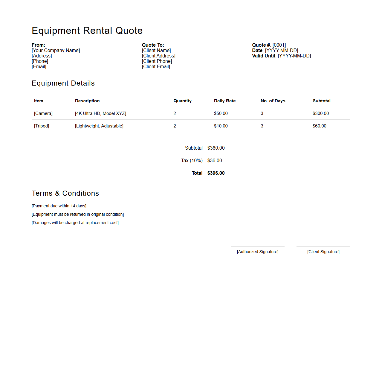 Minimalist Equipment Rental Quote Template