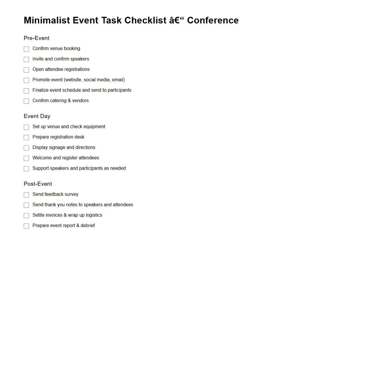 Minimalist Event Task Checklist for Conferences