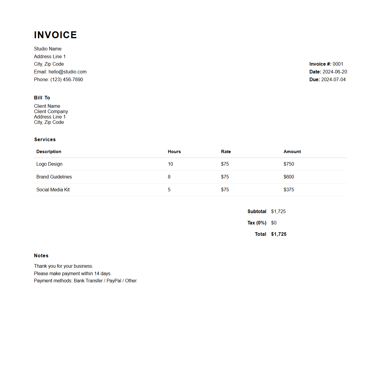 Minimalist Invoice Template for Graphic Design Services