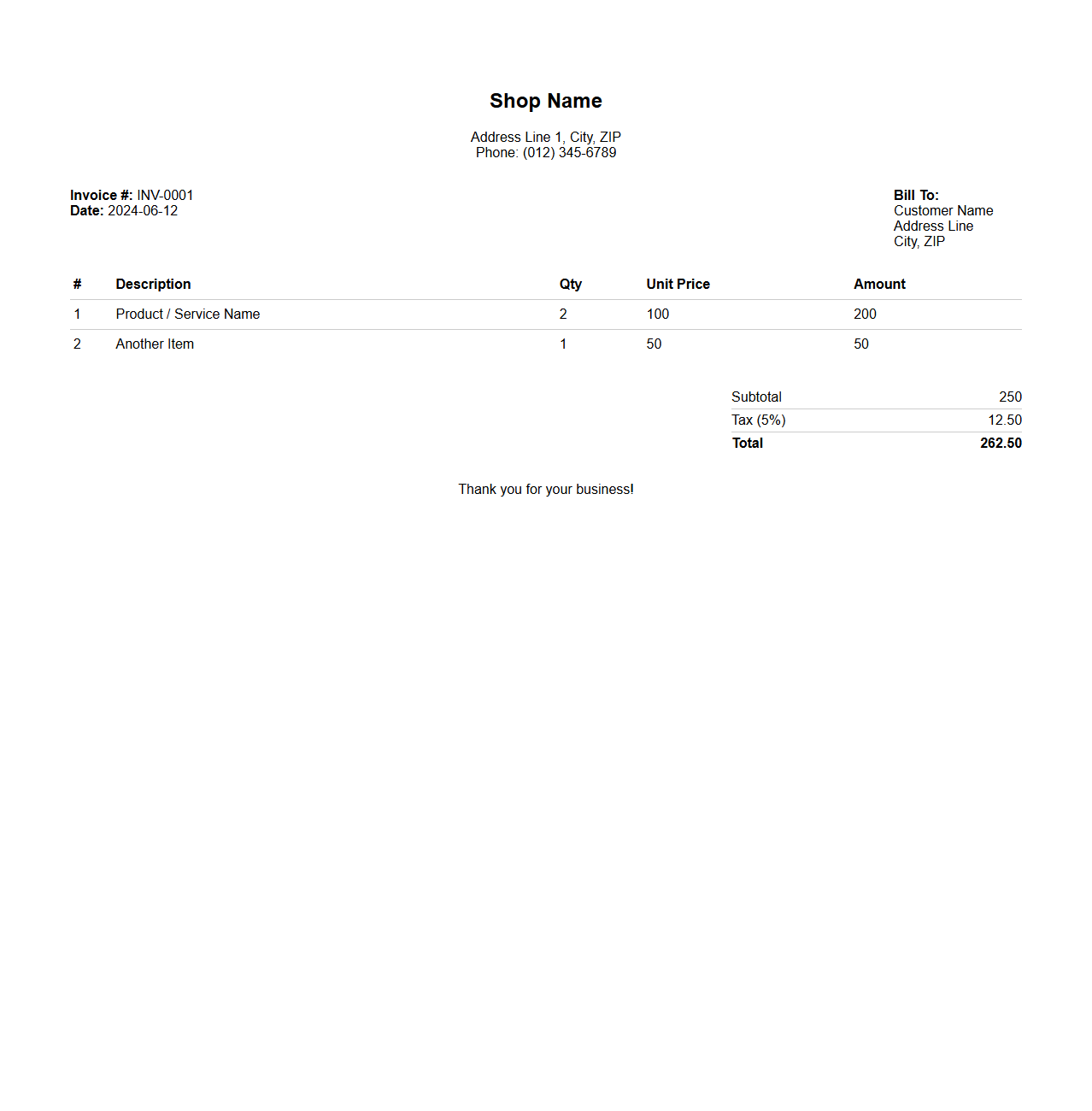 Minimalist Sales Invoice Format for Local Shops