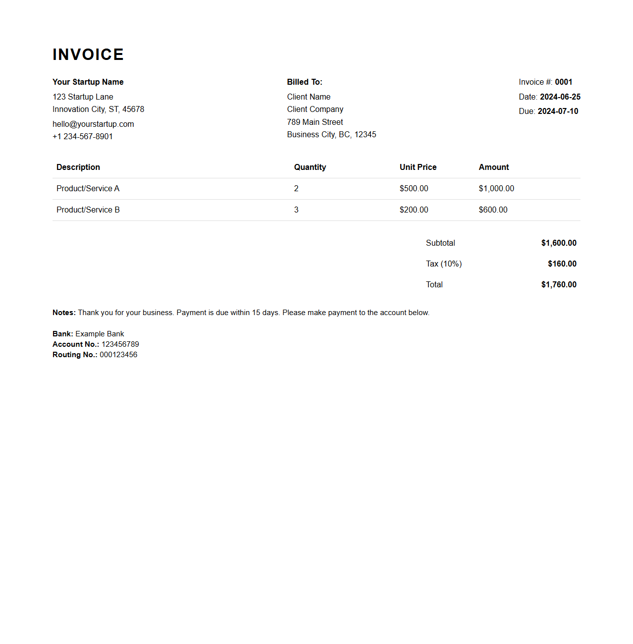Minimalist Sales Invoice Sample for Startups