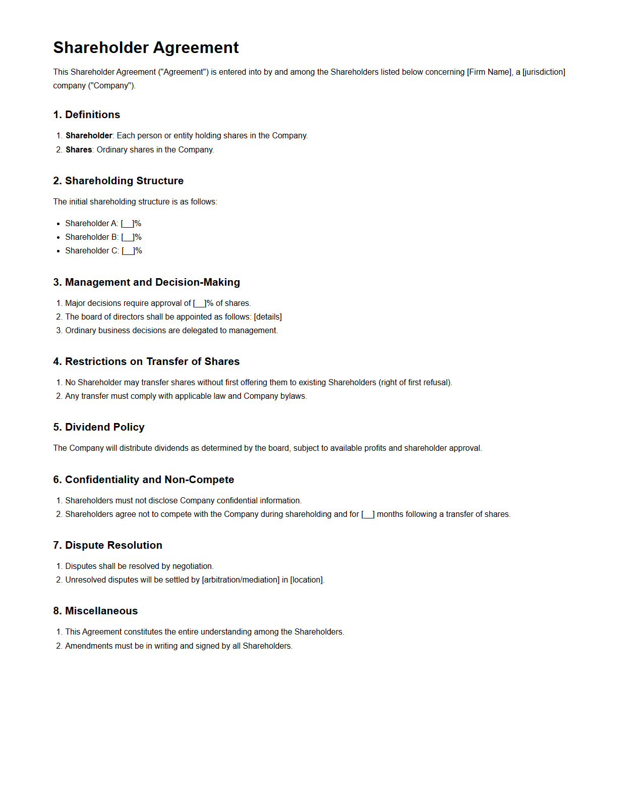 Minimalist Shareholder Agreement Structure for Firms