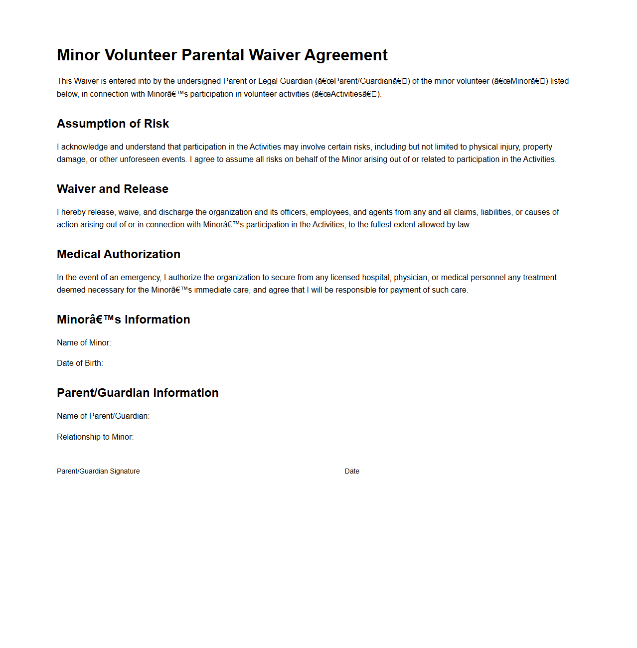 Minor Volunteer Parental Waiver Agreement