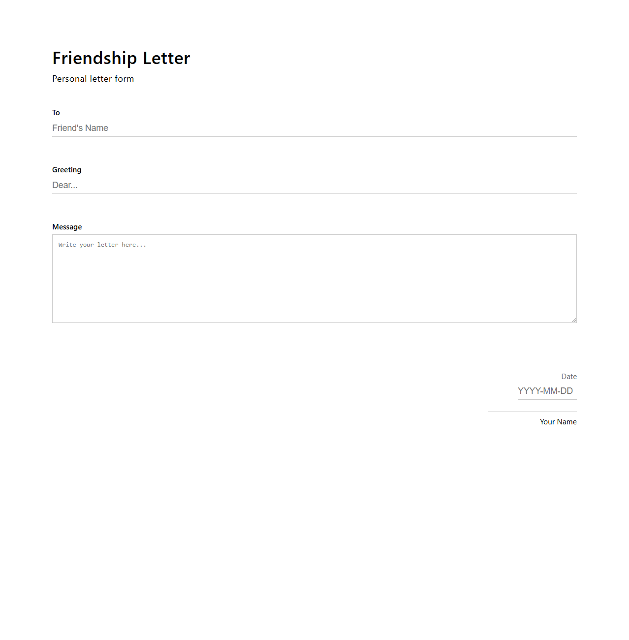 Modern Blank Letter Form for Friendship Communication
