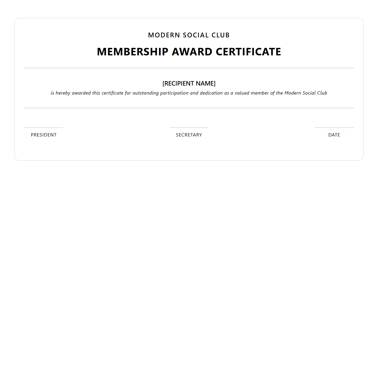 Modern Social Club Membership Award Template