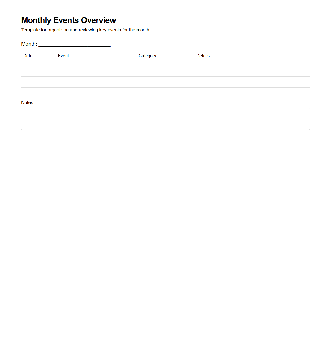 Monthly Events Overview Template