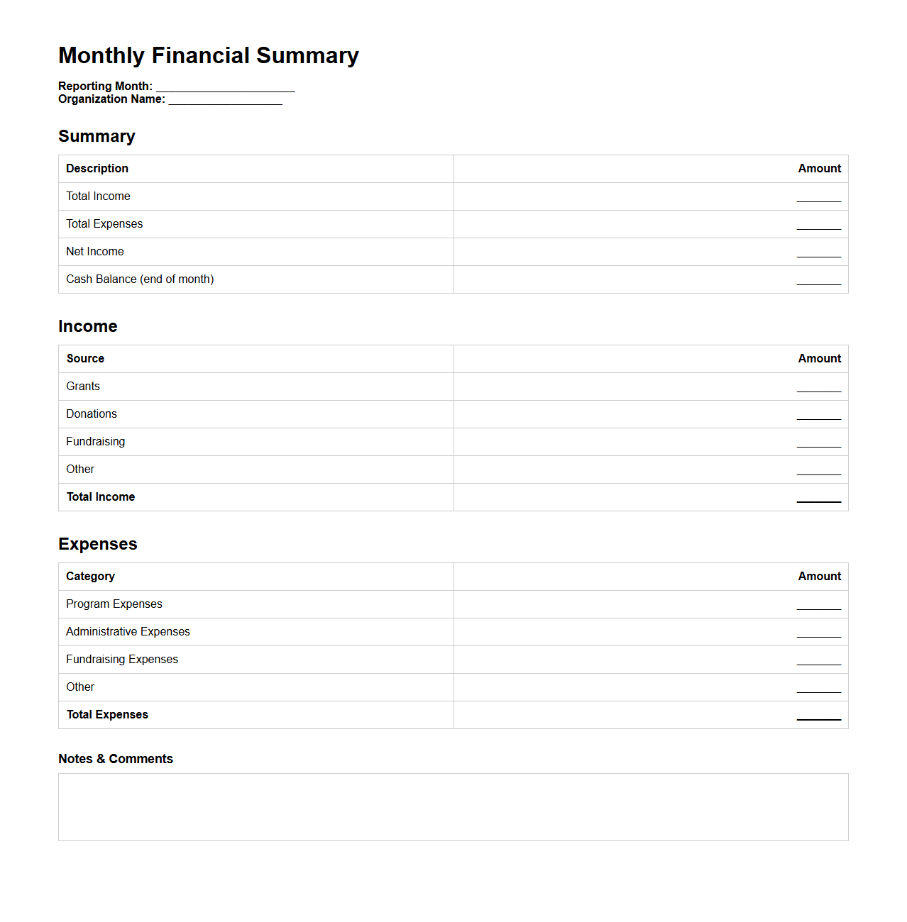 Monthly Financial Summary Template for Nonprofits