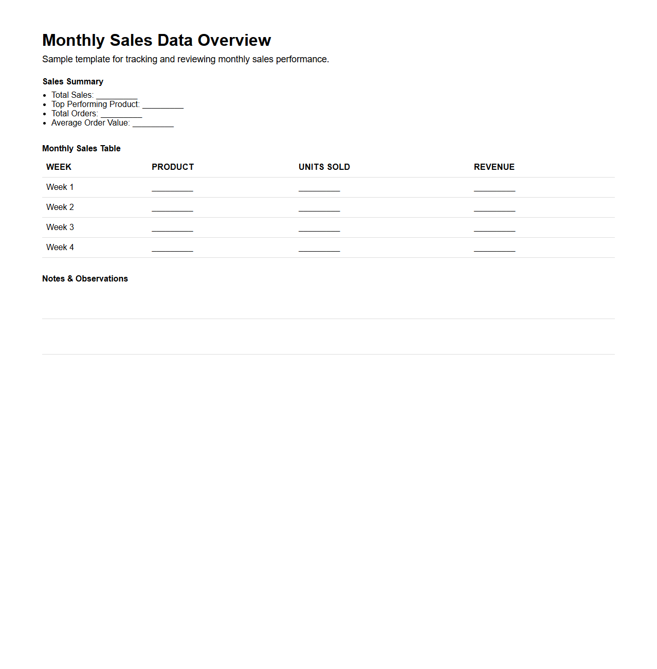 Monthly Sales Data Overview Template