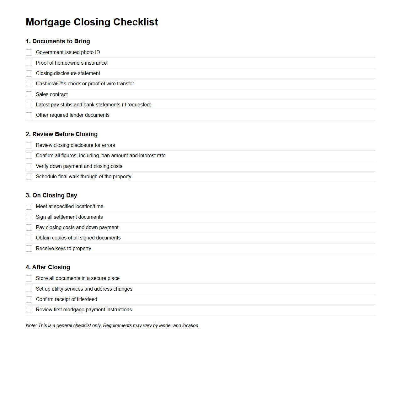 Mortgage Closing Checklist Template