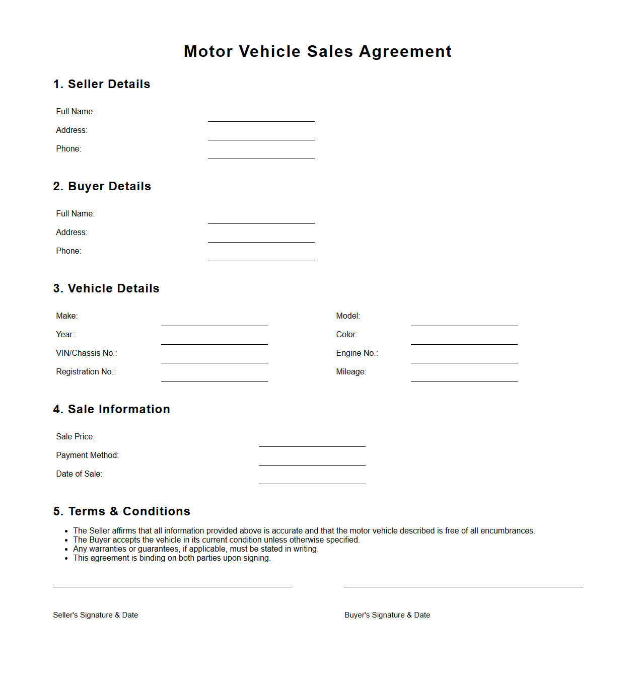 Motor Vehicle Sales Agreement Format