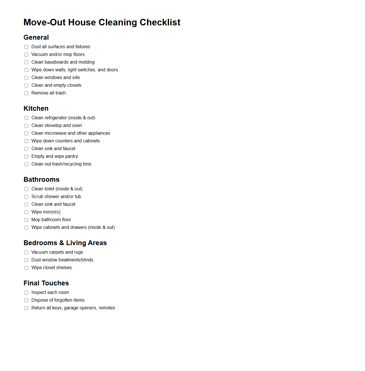 Move-Out House Cleaning Checklist Template