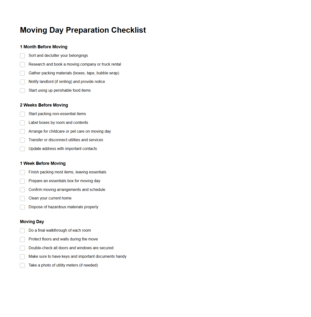 Moving Day Preparation Checklist Template