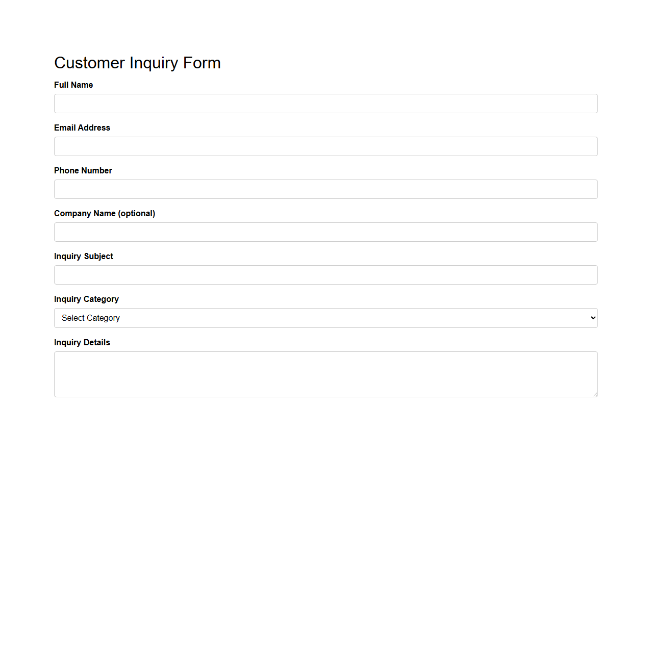 Multi-Field Customer Inquiry Form Template