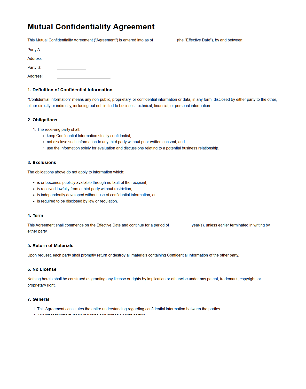 Mutual Confidentiality Agreement Blank Form