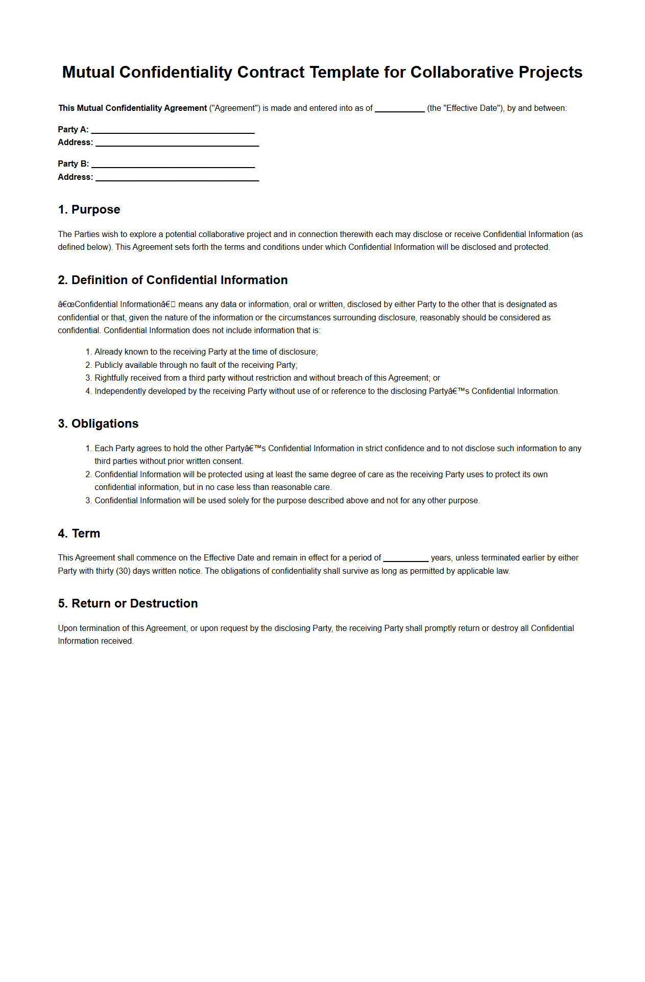 Mutual Confidentiality Contract Template for Collaborative Projects